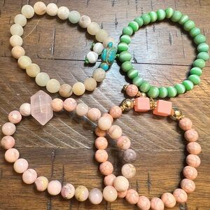 Lot of Elegant Beaded Bracelets- Pink, Green, Gold Lot # 490